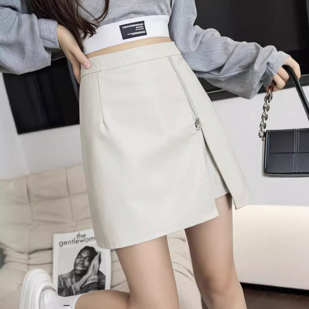 Irregular slit PU leather skirt 13 01