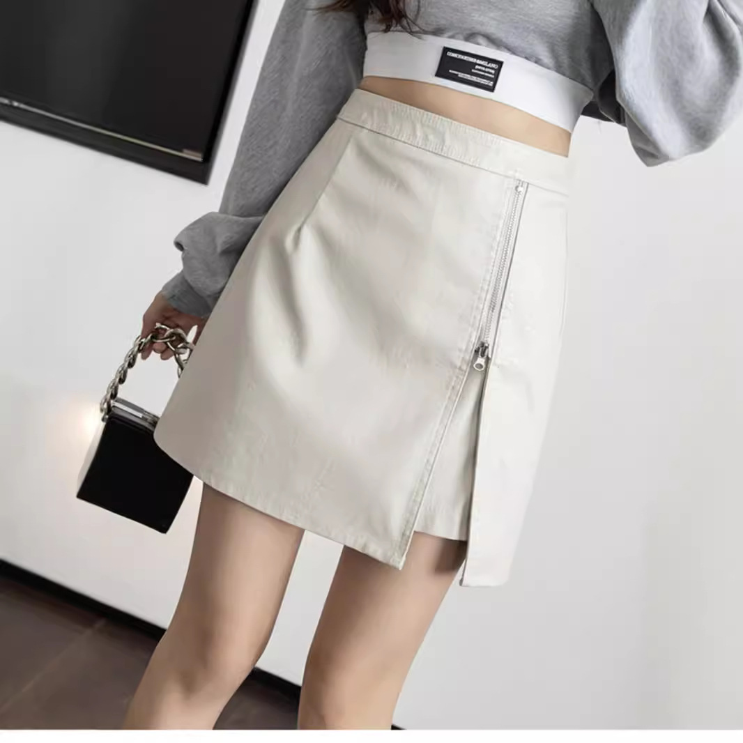Irregular slit PU leather skirt 13 02