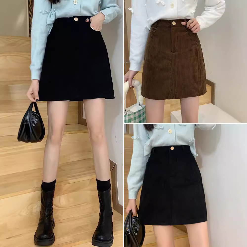 Black short skirt high waist A-line skirt corduroy 15 01