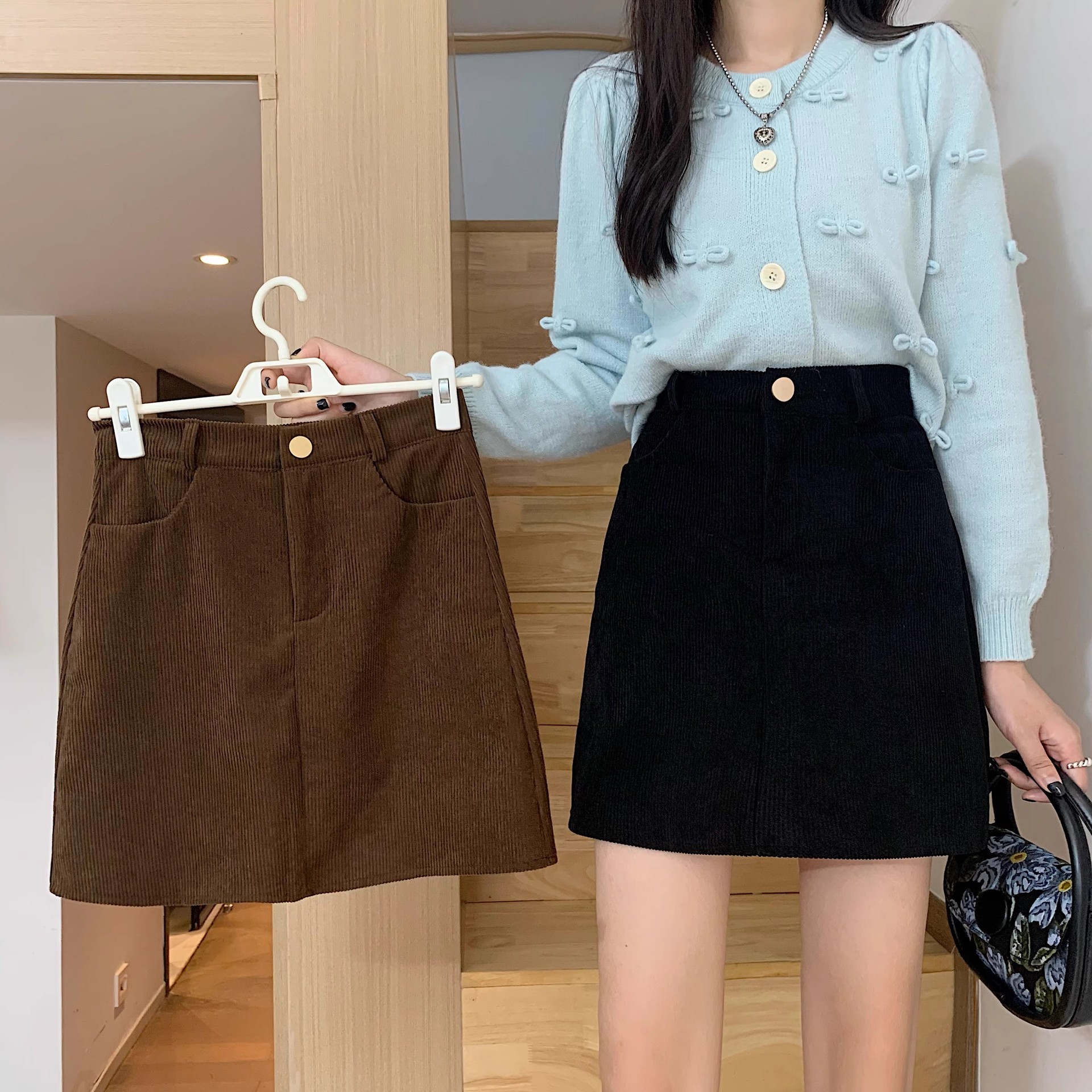 Black short skirt high waist A-line skirt corduroy 15