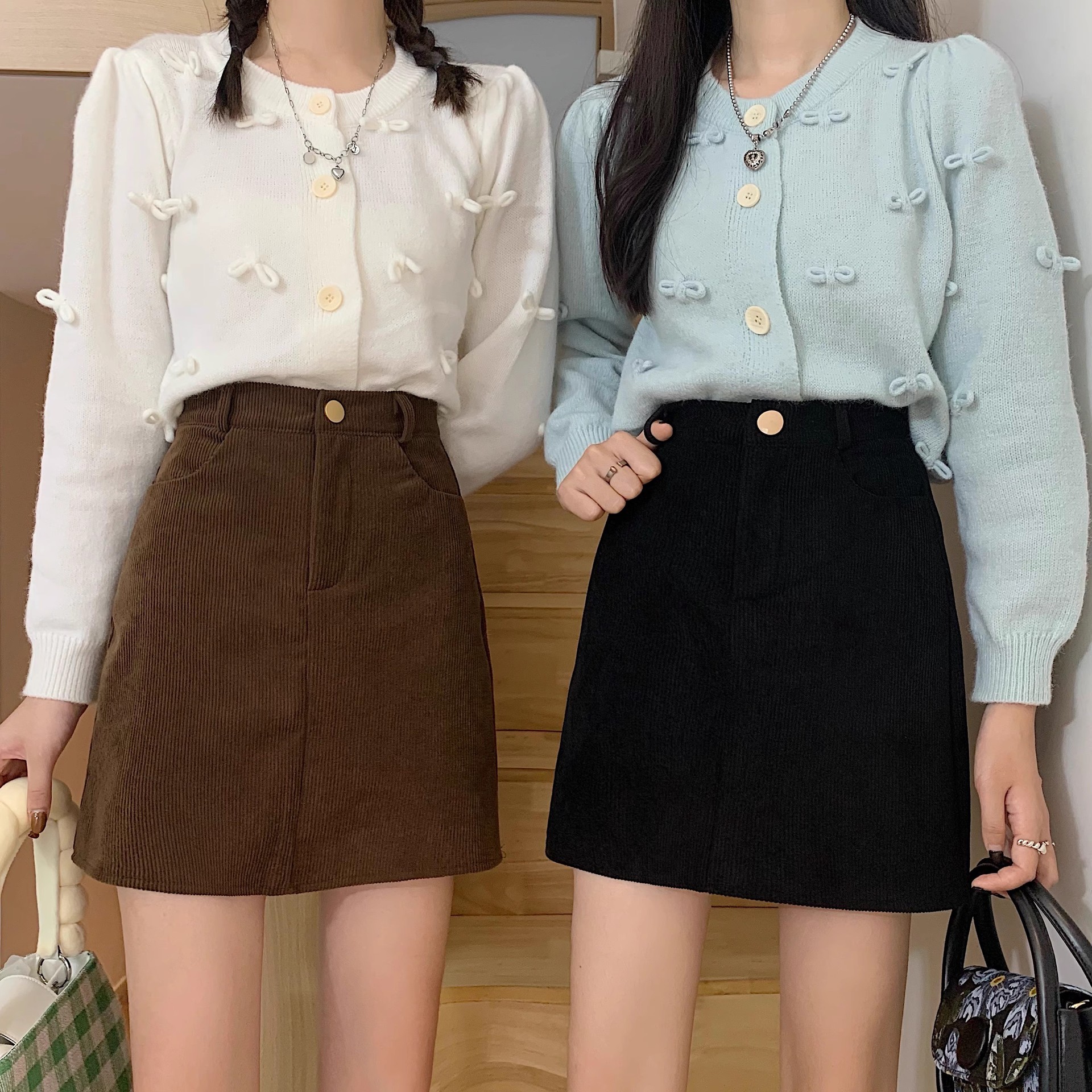 Black short skirt high waist A-line skirt corduroy 15