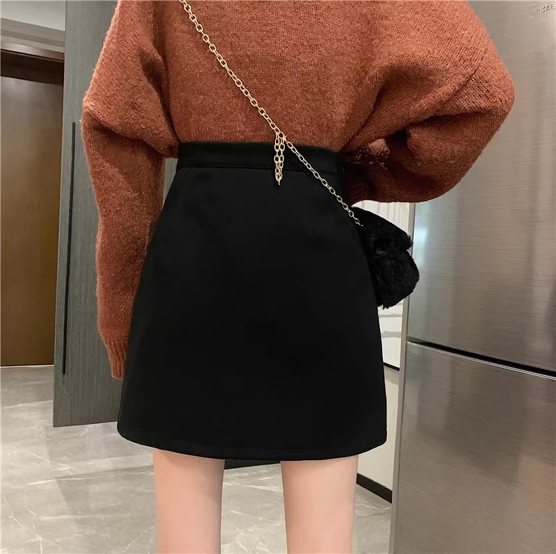 Skirt high waist a-line skirt woolen black women's short skirt 16